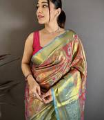 rani kanjeevaram silk blend zari woven saree with unstitched blouse piece.