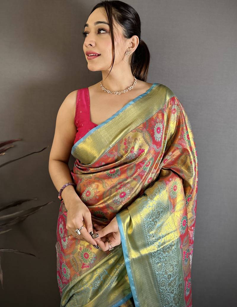 rani kanjeevaram silk blend zari woven saree with unstitched blouse piece.