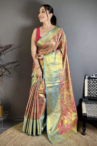 rani kanjeevaram silk blend zari woven saree with unstitched blouse piece.