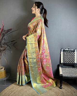 rani kanjeevaram silk blend zari woven saree with unstitched blouse piece. 3
