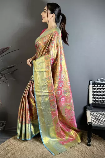 rani kanjeevaram silk blend zari woven saree with unstitched blouse piece.