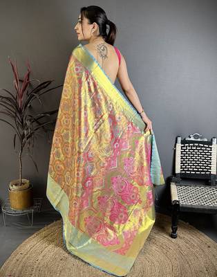 rani kanjeevaram silk blend zari woven saree with unstitched blouse piece. 4