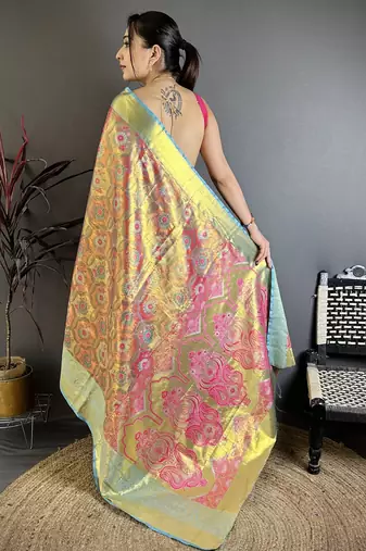 rani kanjeevaram silk blend zari woven saree with unstitched blouse piece.