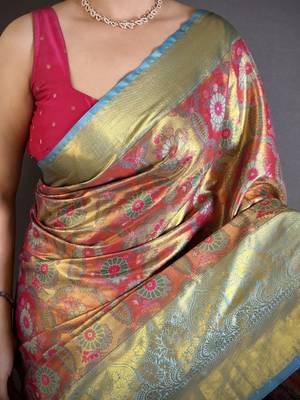 rani kanjeevaram silk blend zari woven saree with unstitched blouse piece. 5
