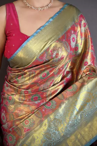 rani kanjeevaram silk blend zari woven saree with unstitched blouse piece.