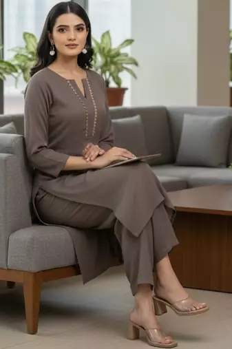 Women Regular Thread Work Silk Crepe Kurta with Trousers