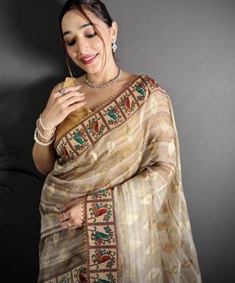 beige slub cotton blend printed saree with unstitched blouse piece. 1