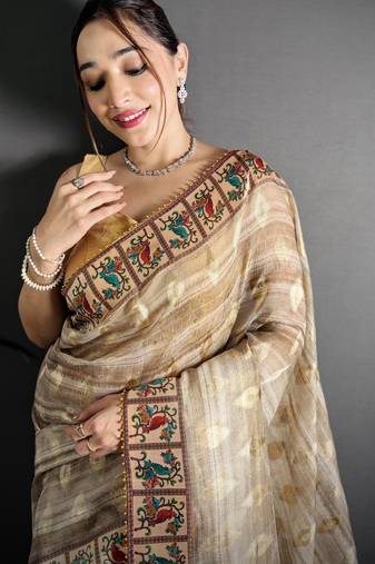 beige slub cotton blend printed saree with unstitched blouse piece