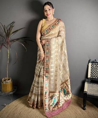 beige slub cotton blend printed saree with unstitched blouse piece. 2