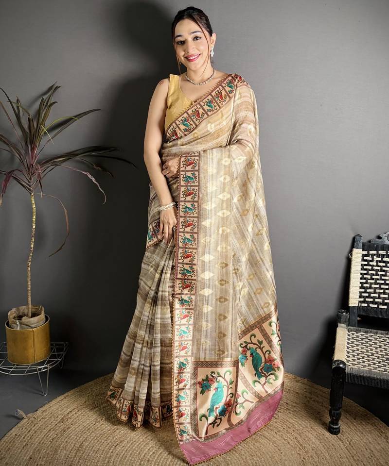 beige slub cotton blend printed saree with unstitched blouse piece.
