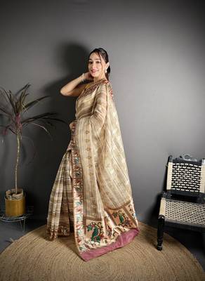 beige slub cotton blend printed saree with unstitched blouse piece. 3