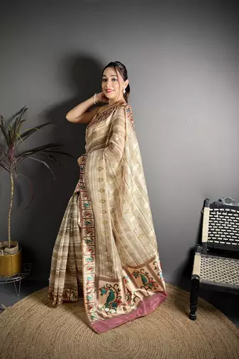beige slub cotton blend printed saree with unstitched blouse piece.