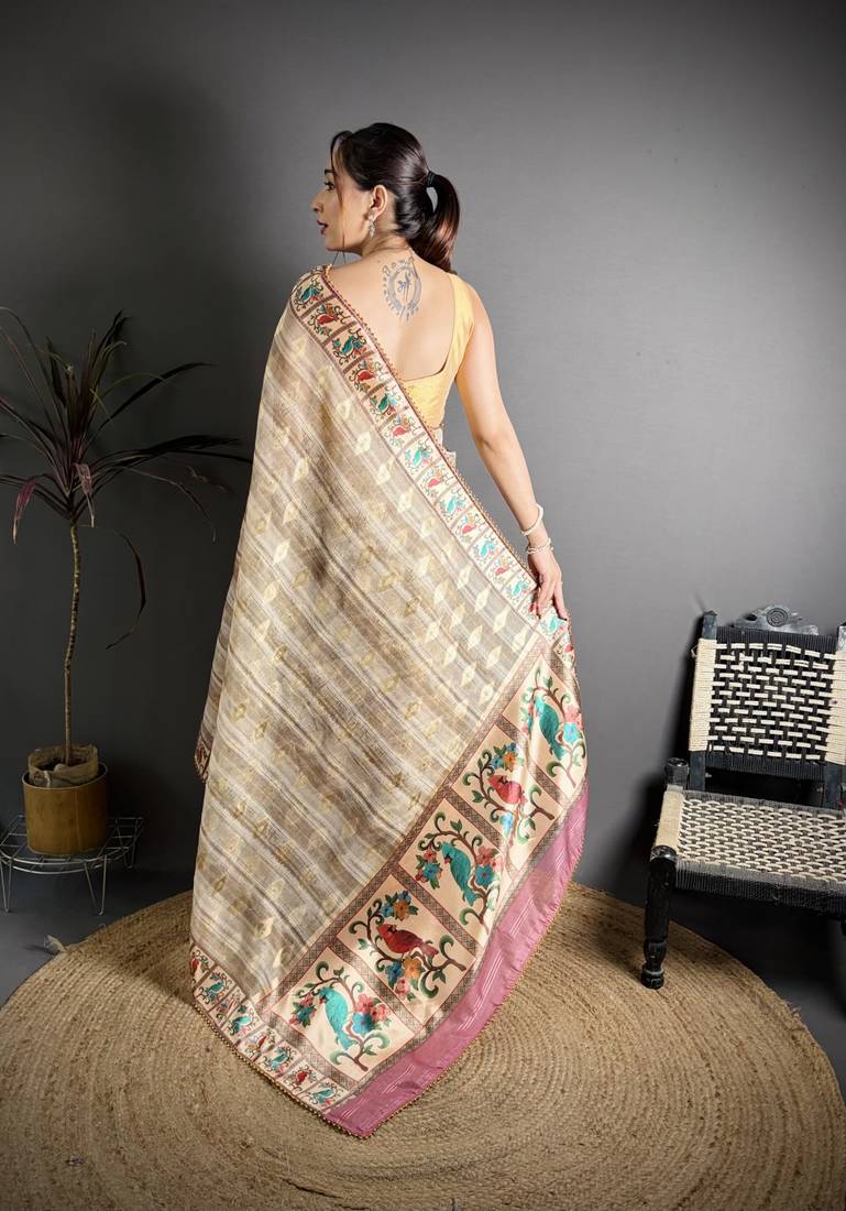 beige slub cotton blend printed saree with unstitched blouse piece.