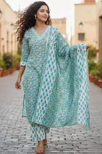 Women Floral Printed Regular  Cotton Kurta with Trousers & With Dupatta