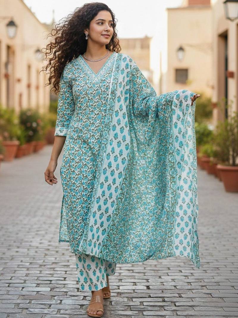 Women Floral Printed Regular Pure Cotton Kurta with Trousers & With Dupatta