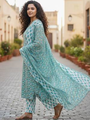 Women Floral Printed Regular Pure Cotton Kurta with Trousers & With Dupatta 4