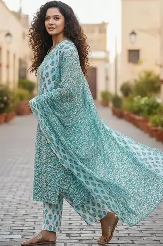 Women Floral Printed Regular  Cotton Kurta with Trousers & With Dupatta