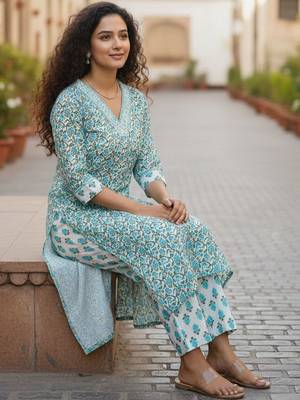 Women Floral Printed Regular Pure Cotton Kurta with Trousers & With Dupatta 6