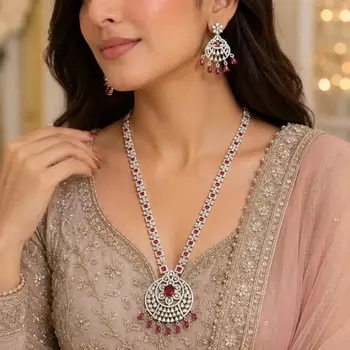 Ruby Red CZ Bridal Necklace Set, Statement Chandelier Earrings, Pakistani Indian Wedding Jewelry 1