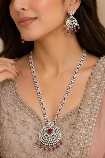 Ruby Red CZ Bridal Necklace Set, Statement Chandelier Earrings, Pakistani Indian Wedding Jewelry