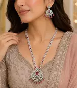 Ruby Red CZ Bridal Necklace Set, Statement Chandelier Earrings, Pakistani Indian Wedding Jewelry