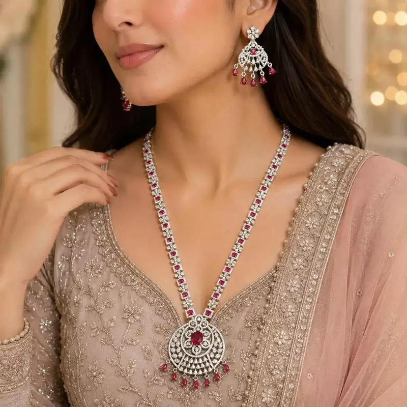 Ruby Red CZ Bridal Necklace Set, Statement Chandelier Earrings, Pakistani Indian Wedding Jewelry