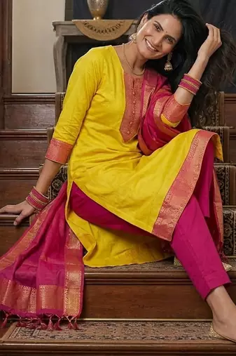 Lemon woven jaquard straight kurti dupatta with pant