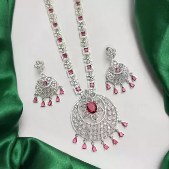 Ruby Red CZ Bridal Necklace Set, Statement Chandelier Earrings, Pakistani Indian Wedding Jewelry 2