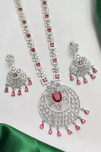 Ruby Red CZ Bridal Necklace Set, Statement Chandelier Earrings, Pakistani Indian Wedding Jewelry