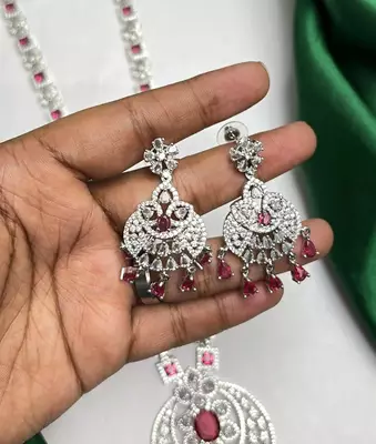 Ruby Red CZ Bridal Necklace Set, Statement Chandelier Earrings, Pakistani Indian Wedding Jewelry 3