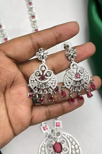 Ruby Red CZ Bridal Necklace Set, Statement Chandelier Earrings, Pakistani Indian Wedding Jewelry