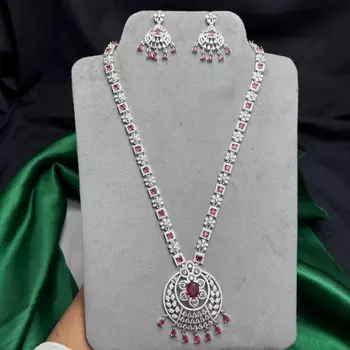 Ruby Red CZ Bridal Necklace Set, Statement Chandelier Earrings, Pakistani Indian Wedding Jewelry 4