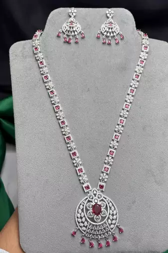 Ruby Red CZ Bridal Necklace Set, Statement Chandelier Earrings, Pakistani Indian Wedding Jewelry