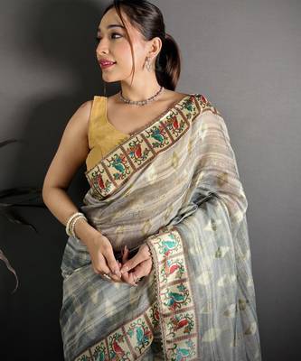 grey slub cotton blend printed saree with unstitched blouse piece. 1