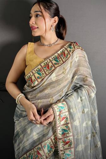 grey slub cotton blend printed saree with unstitched blouse piece.