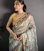 grey slub cotton blend printed saree with unstitched blouse piece.
