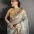 grey slub cotton blend printed saree with unstitched blouse piece.