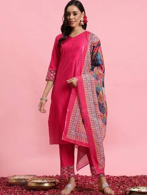 V-Neck Thread Work Kurta With Trousers & Dupatta 1