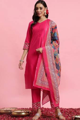 V-Neck Thread Work Kurta With Trousers & Dupatta