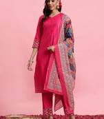 V-Neck Thread Work Kurta With Trousers & Dupatta