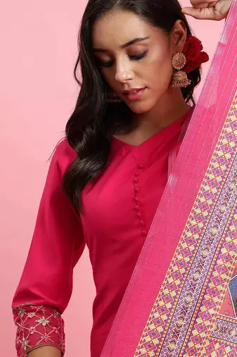 V-Neck Thread Work Kurta With Trousers & Dupatta