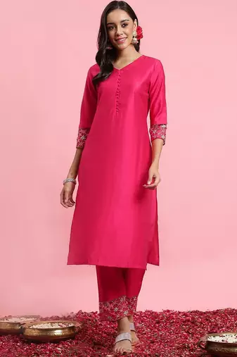 V-Neck Thread Work Kurta With Trousers & Dupatta