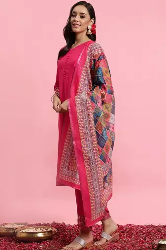 V-Neck Thread Work Kurta With Trousers & Dupatta