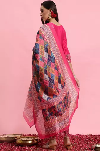 V-Neck Thread Work Kurta With Trousers & Dupatta