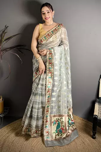 grey slub cotton blend printed saree with unstitched blouse piece.