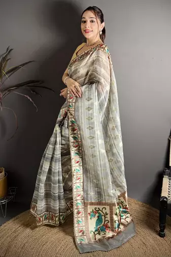 grey slub cotton blend printed saree with unstitched blouse piece.