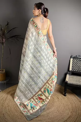 grey slub cotton blend printed saree with unstitched blouse piece.