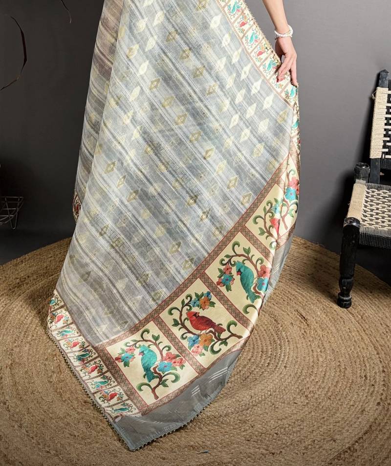grey slub cotton blend printed saree with unstitched blouse piece.