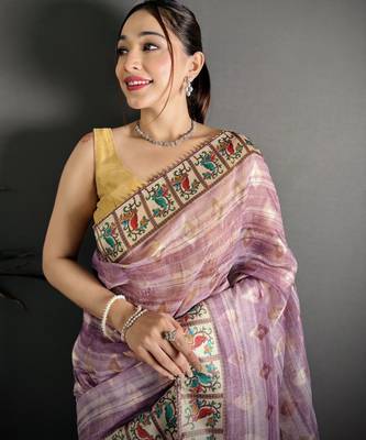 lilac slub cotton blend printed saree with unstitched blouse piece. 1
