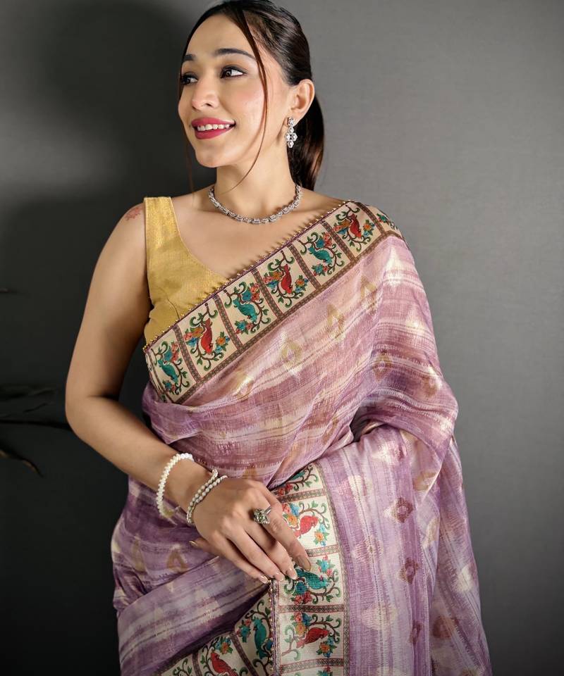 lilac slub cotton blend printed saree with unstitched blouse piece.